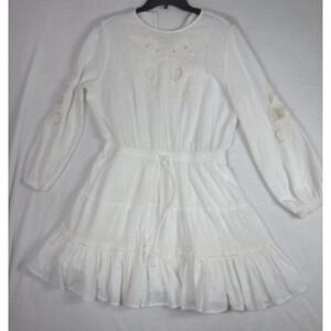 ZARA  WOMENS EMBROIDERED SHORT WHITE  DRESS  DRAWSTRING WAIST AND RUFFLED SIZE L
